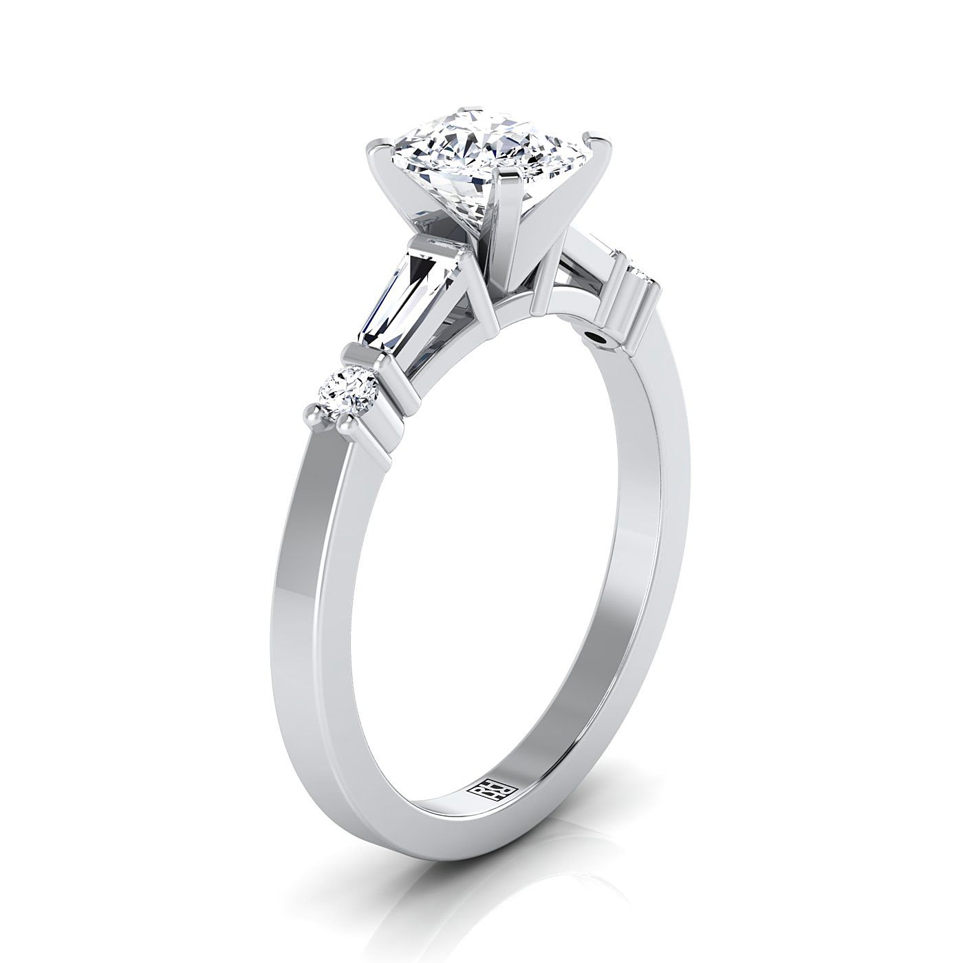 Platinum Cushion Diamond Simple Baguette and Round Solitaire Engagement Ring -1/4ctw