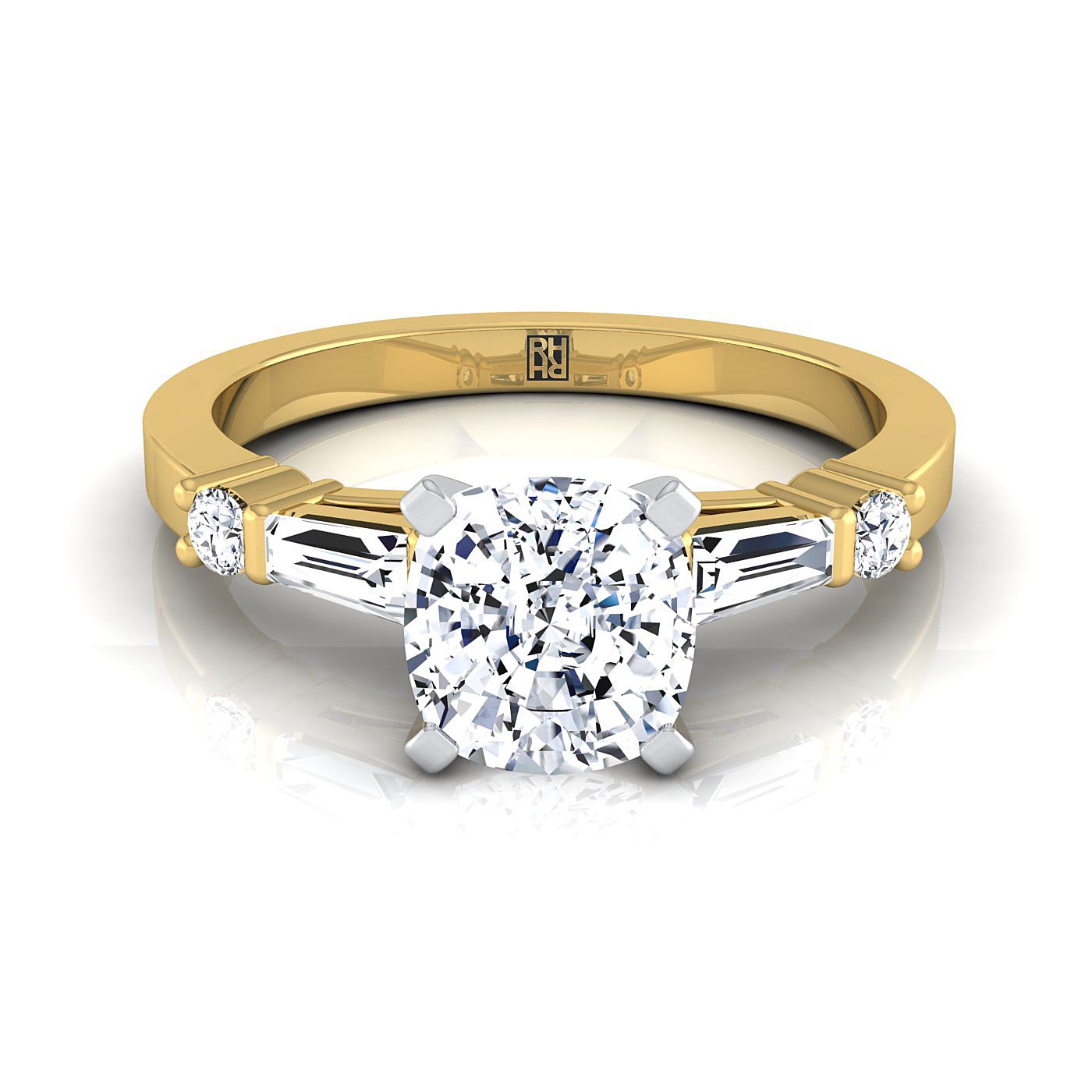 14K Yellow Gold Cushion Diamond Simple Baguette และแหวนหมั้น Solitaire แบบกลม -1/4ctw