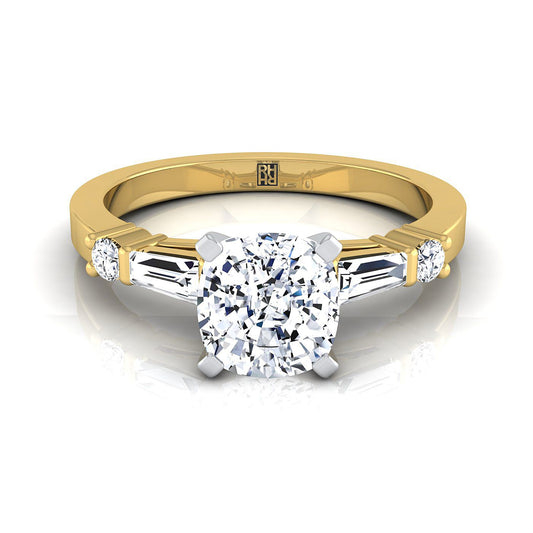 14K Yellow Gold Cushion Diamond Simple Baguette and Round Solitaire Engagement Ring -1/4ctw