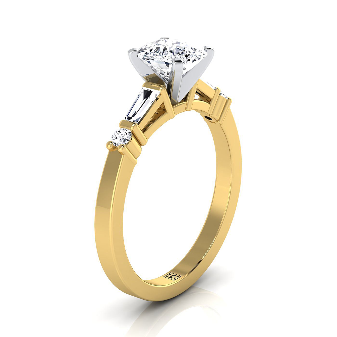 18K Yellow Gold Cushion Diamond Simple Baguette และแหวนหมั้น Solitaire แบบกลม -1/4ctw