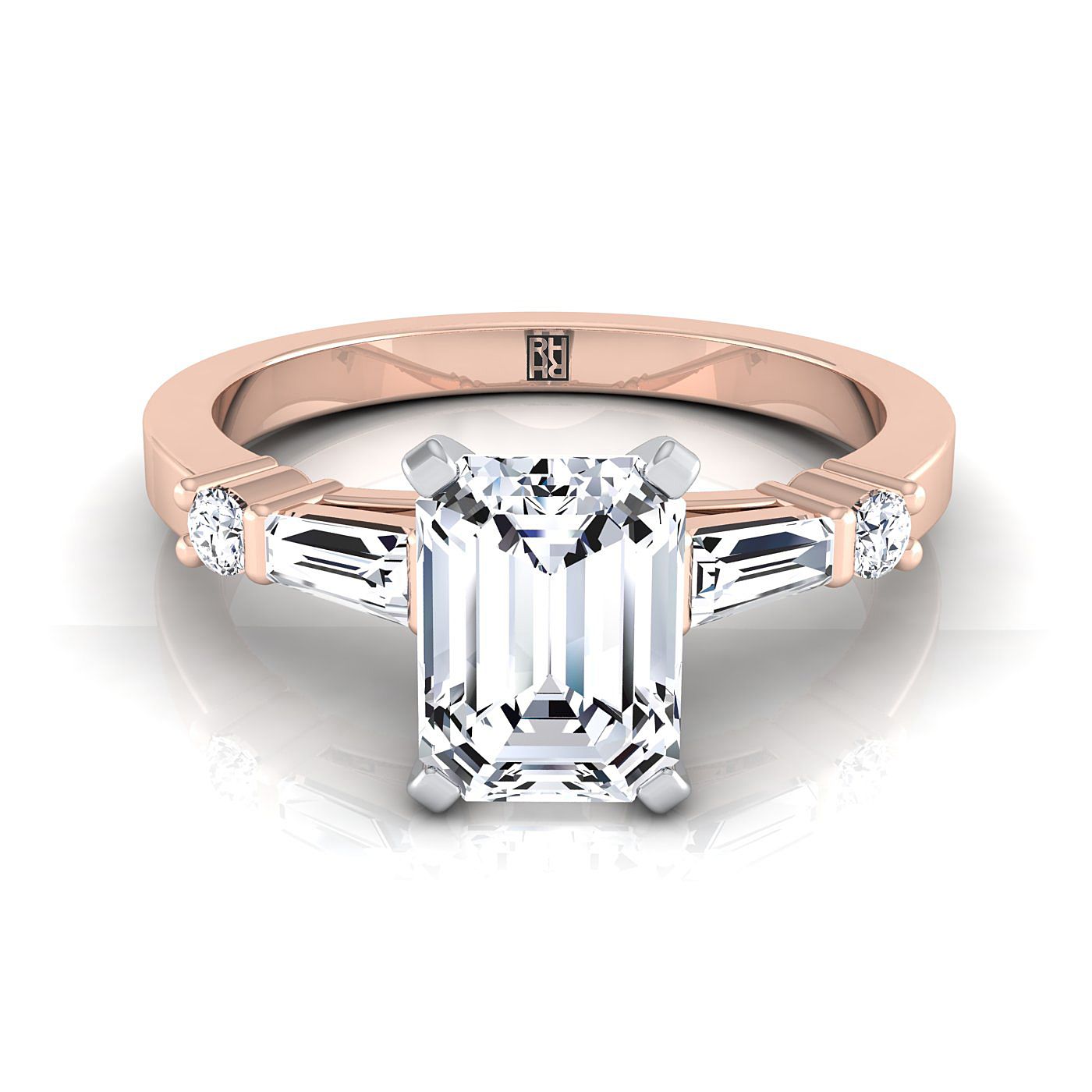 14K Rose Gold Diamond Simple Baguette และแหวนหมั้น Solitaire แบบกลม -1/4ctw