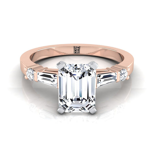 14K Rose Gold Diamond Simple Baguette และแหวนหมั้น Solitaire แบบกลม -1/4ctw