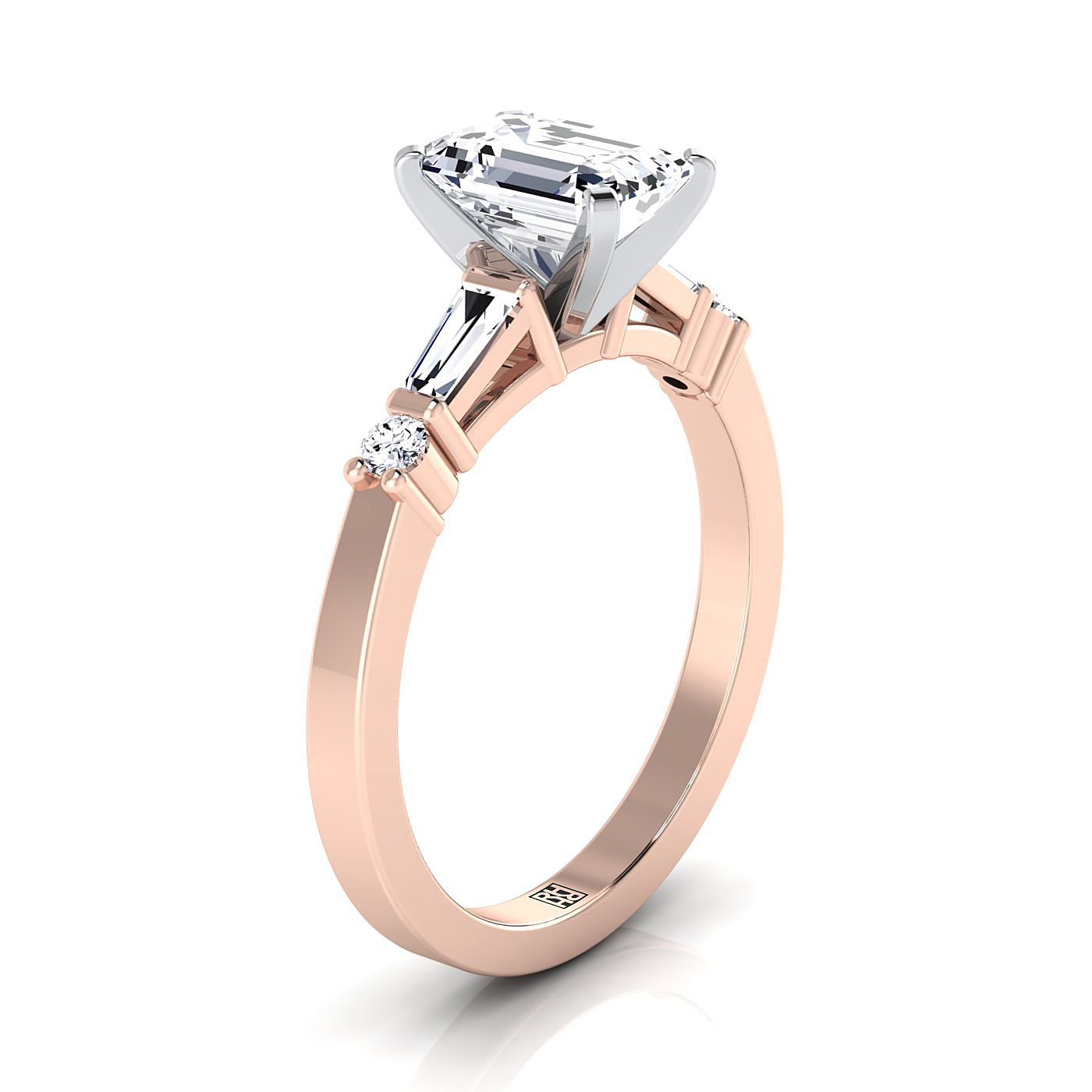 14K Rose Gold Diamond Simple Baguette และแหวนหมั้น Solitaire แบบกลม -1/4ctw