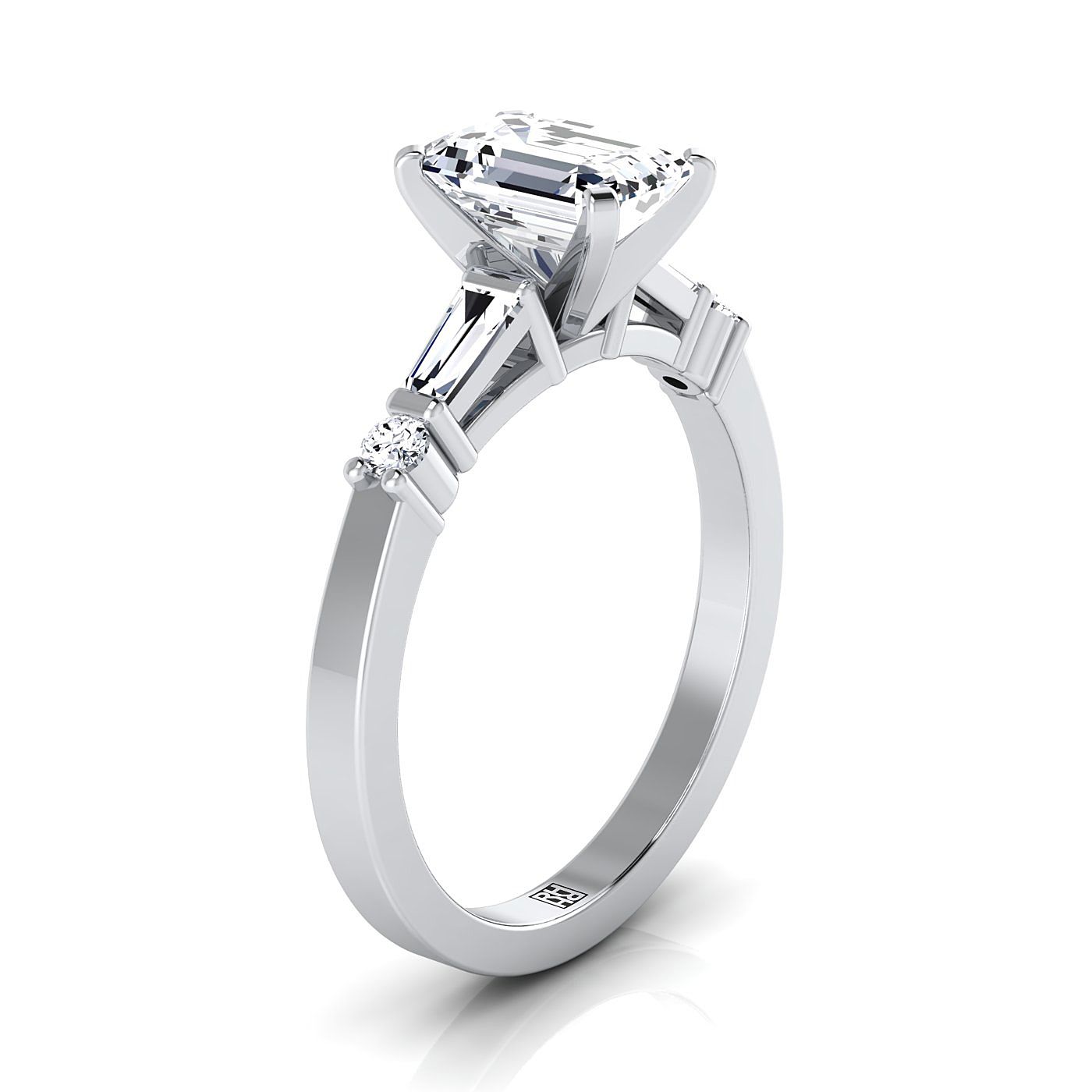 14K White Gold Diamond Simple Baguette และ Round Solitaire Engagement Ring -1/4ctw