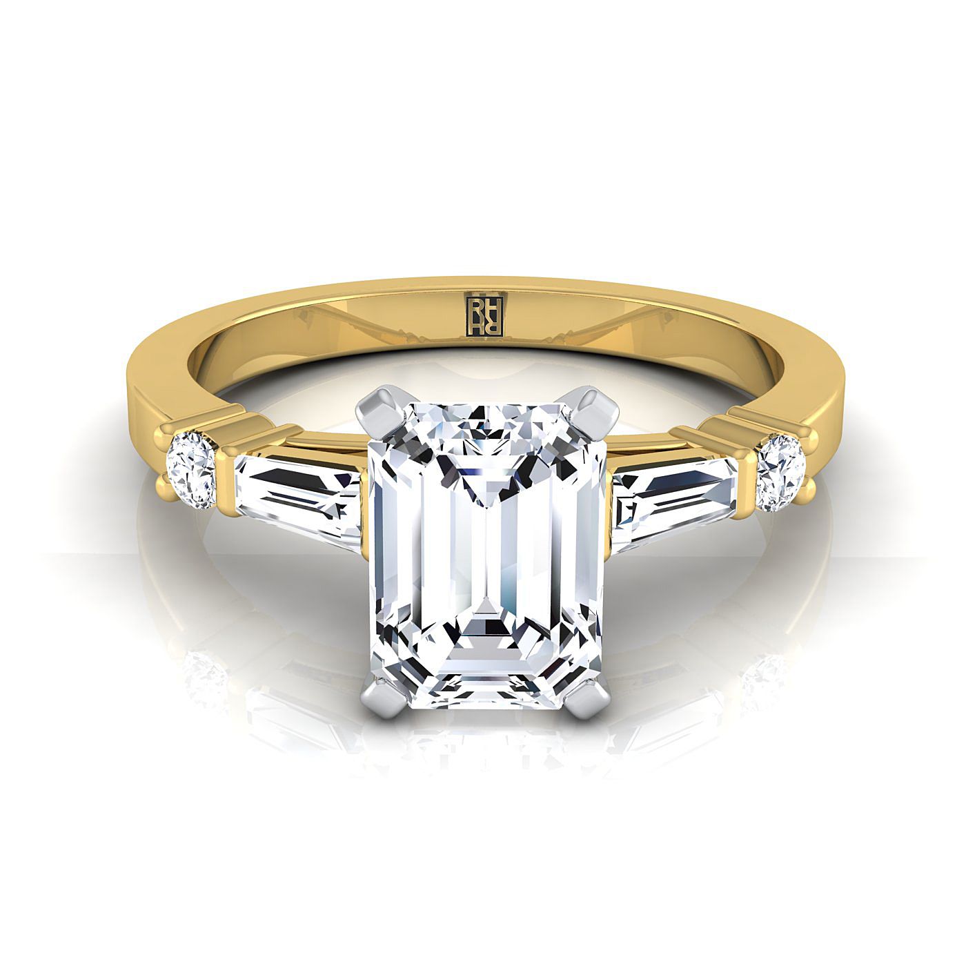 18K Yellow Gold Diamond Simple Baguette และแหวนหมั้น Solitaire แบบกลม -1/4ctw