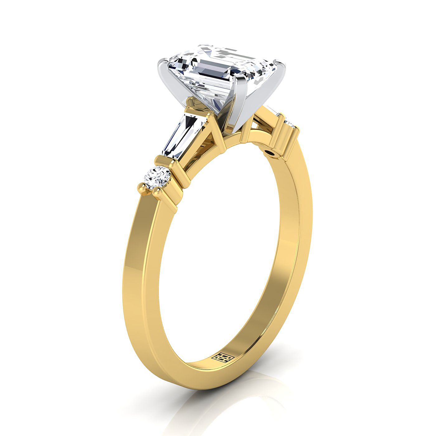 18K Yellow Gold Diamond Simple Baguette และแหวนหมั้น Solitaire แบบกลม -1/4ctw