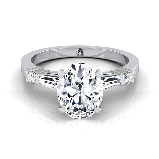 18K White Gold Oval Diamond Simple Baguette and Round Solitaire Engagement Ring -1/4ctw