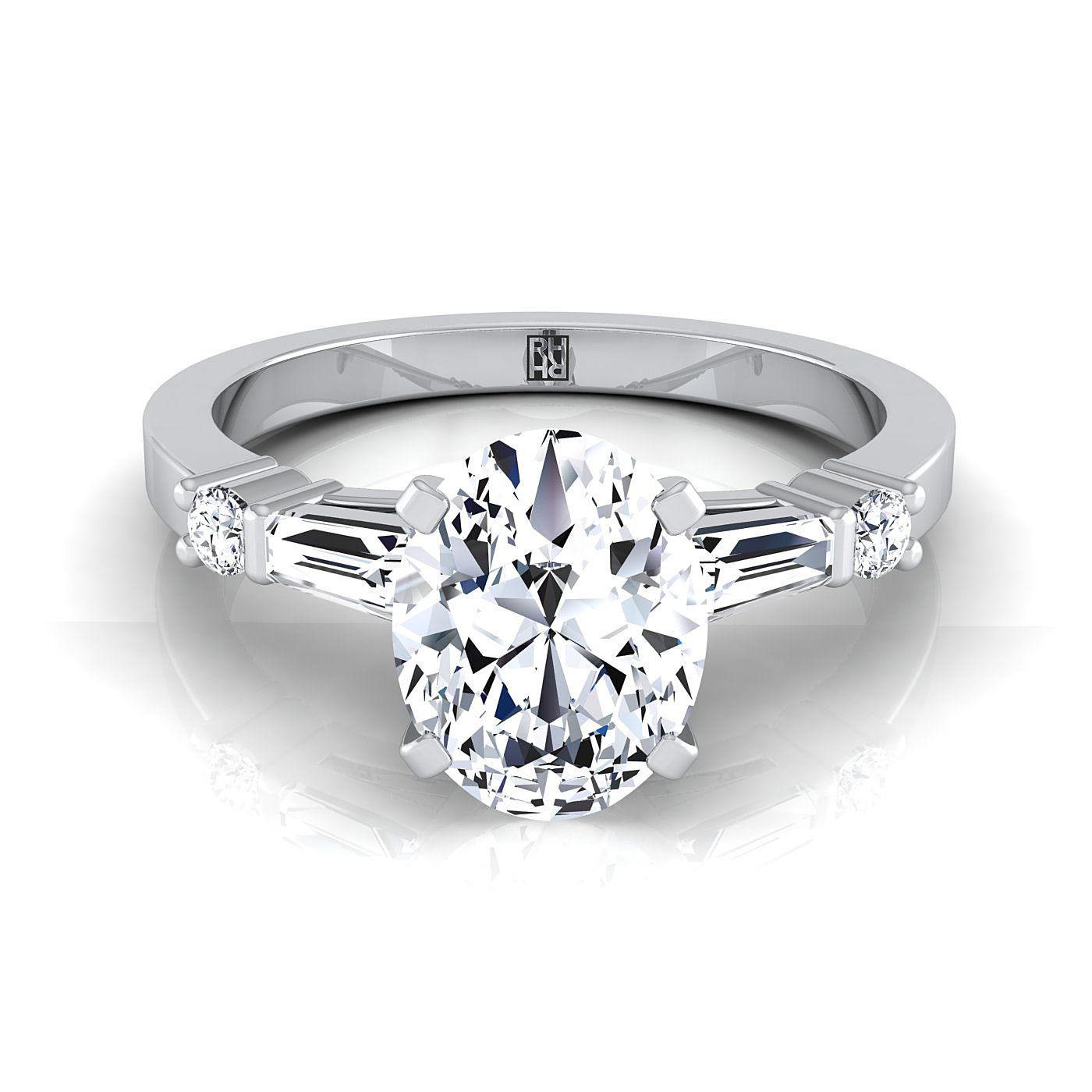 14K White Gold Oval Diamond Simple Baguette and Round Solitaire Engagement Ring -1/4ctw