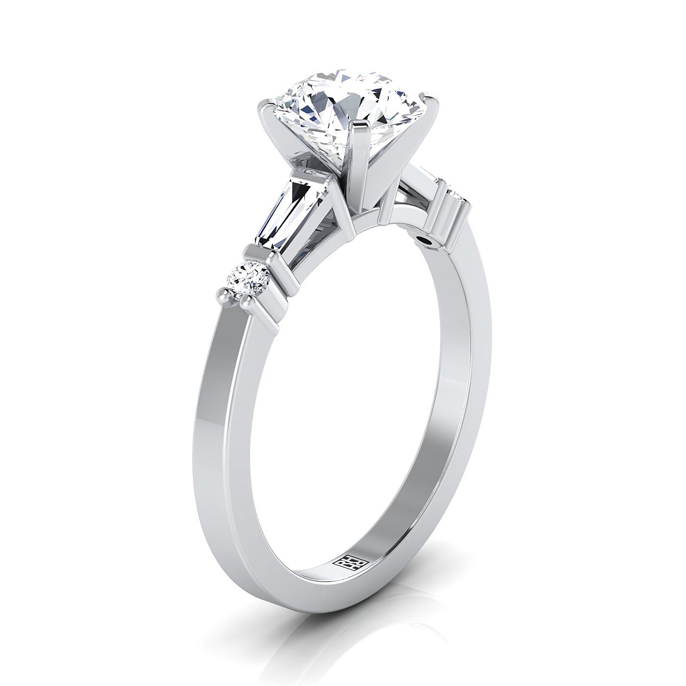 14K White Gold Round Brilliant Diamond Simple Baguette และ Round Solitaire Engagement Ring -1/4ctw