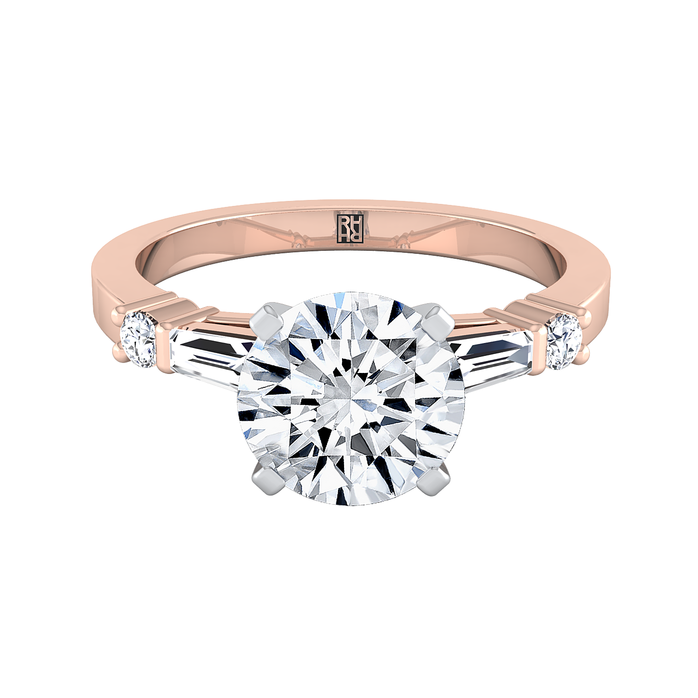 14K Rose Gold Round Brilliant Diamond Simple Baguette และแหวนหมั้น Solitaire แบบกลม -1/4ctw