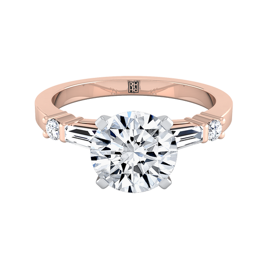 14K Rose Gold Round Brilliant Diamond Simple Baguette และแหวนหมั้น Solitaire แบบกลม -1/4ctw
