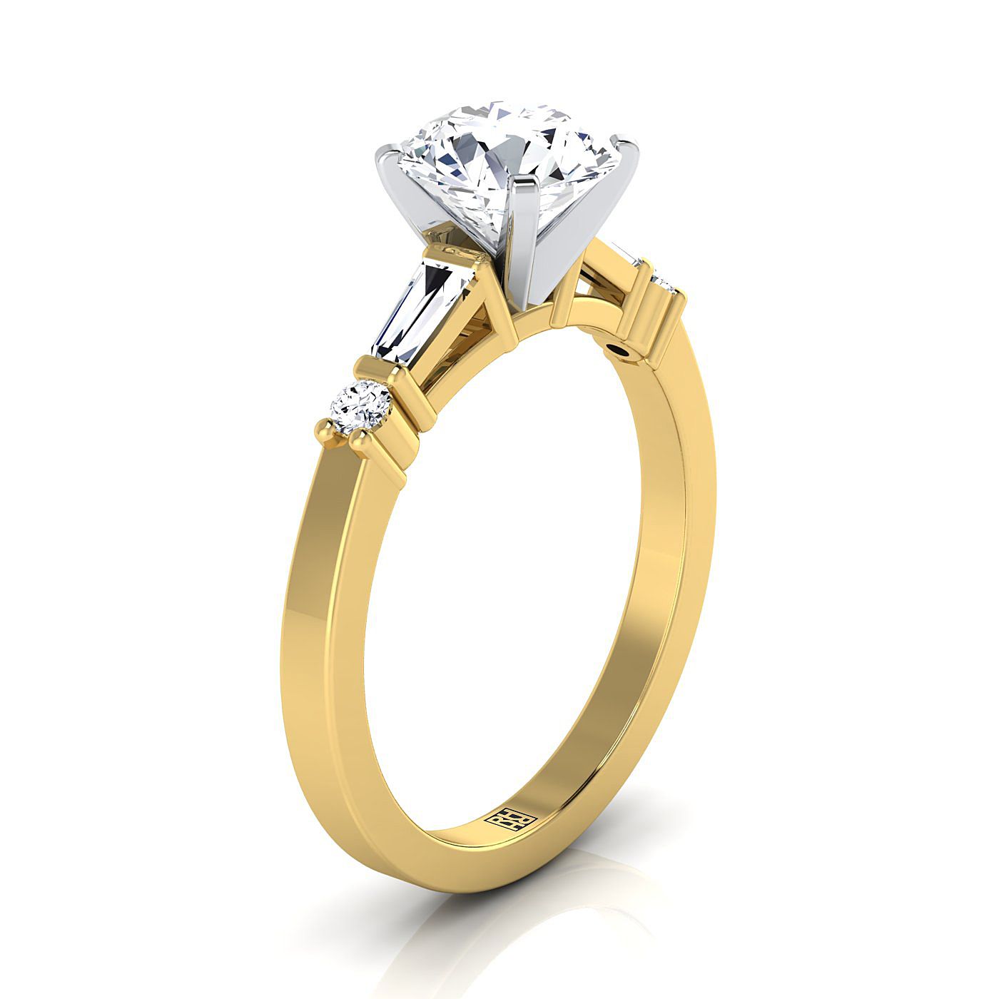 14K สีเหลืองทอง Round Brilliant Diamond Simple Baguette และแหวนหมั้น Solitaire แบบกลม -1/4ctw