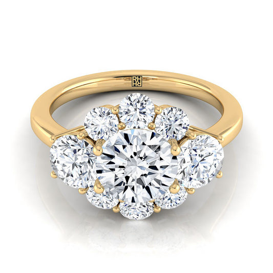18K Yellow Gold Round Brilliant Modern Three Stone Blossom Diamond Engagement Ring -1-3/4ctw. (แหวนหมั้นเพชร)