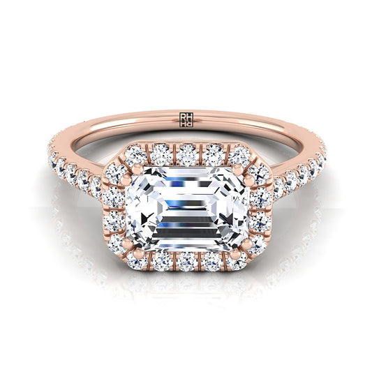 14K Rose Gold Emerald Cut Diamond แนวนอนแฟนซี East West Halo แหวนหมั้น -1/2ctw