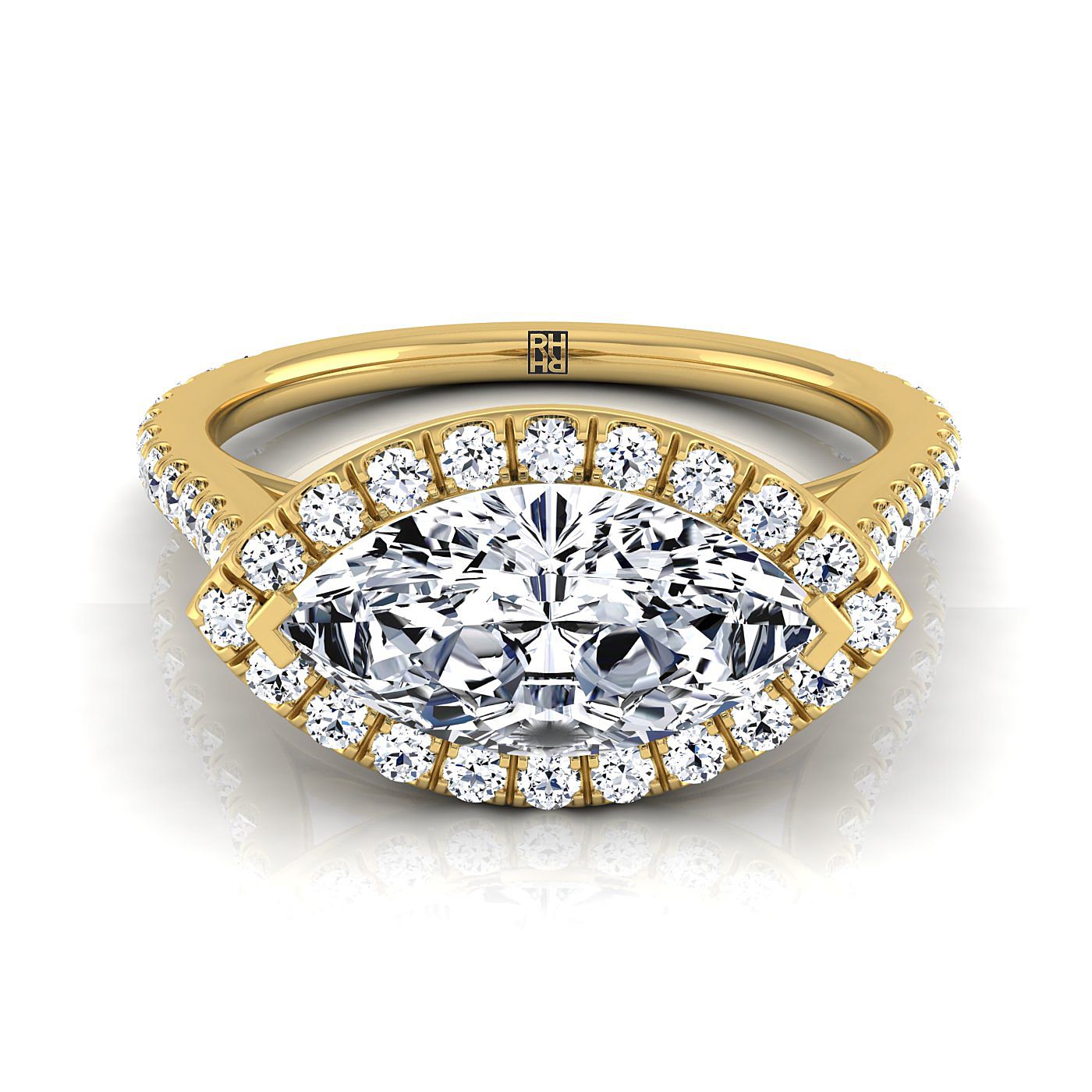 18K Yellow Gold Marquise Diamond แฟนซี East West Halo Engagement Ring -1/2ctw