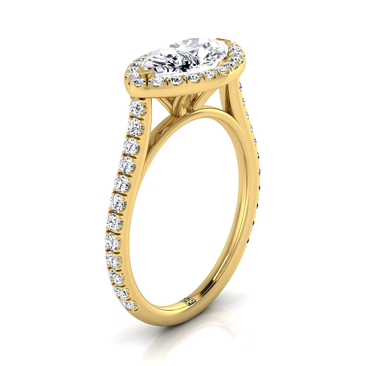 18K Yellow Gold Marquise Diamond แฟนซี East West Halo Engagement Ring -1/2ctw