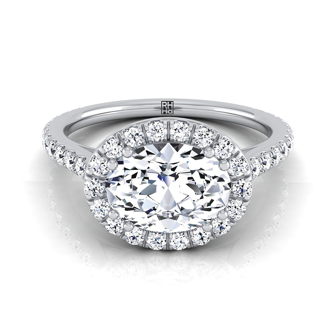 14K White Gold Oval Diamond Horizontal Fancy East West Halo Engagement Ring -1/2ctw