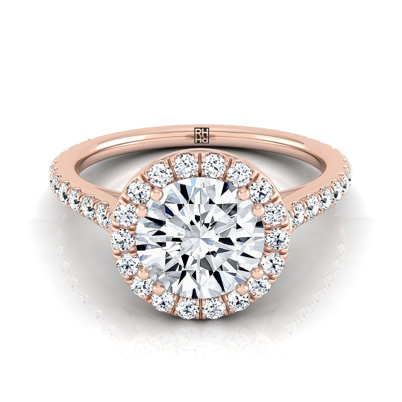 14K Rose Gold Round Brilliant Diamond แนวนอนแฟนซี East West Halo แหวนหมั้น -1/2ctw