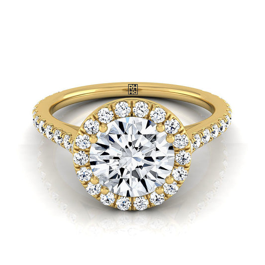 18K สีเหลืองทอง Round Brilliant Diamond แนวนอนแฟนซี East West Halo แหวนหมั้น -1/2ctw