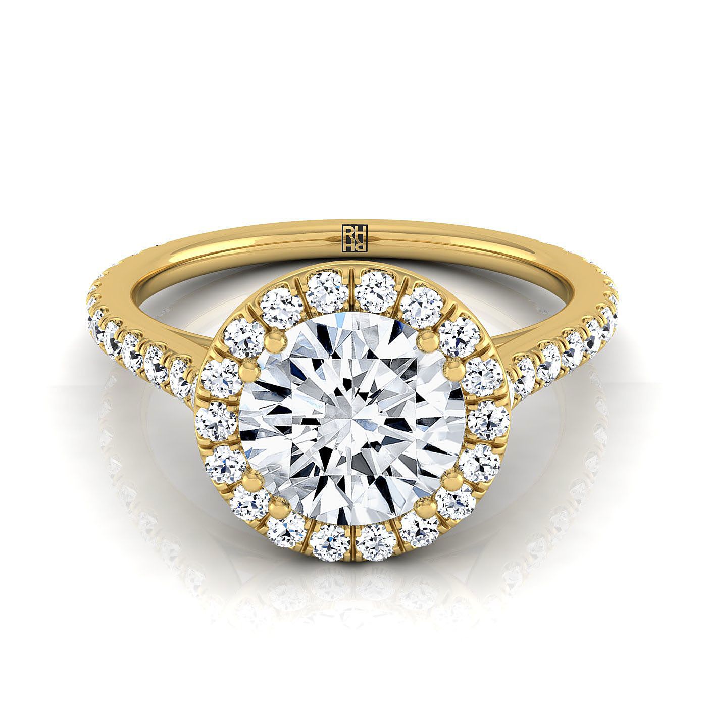 14K Yellow Gold Round Brilliant Diamond แนวนอนแฟนซี East West Halo แหวนหมั้น -1/2ctw