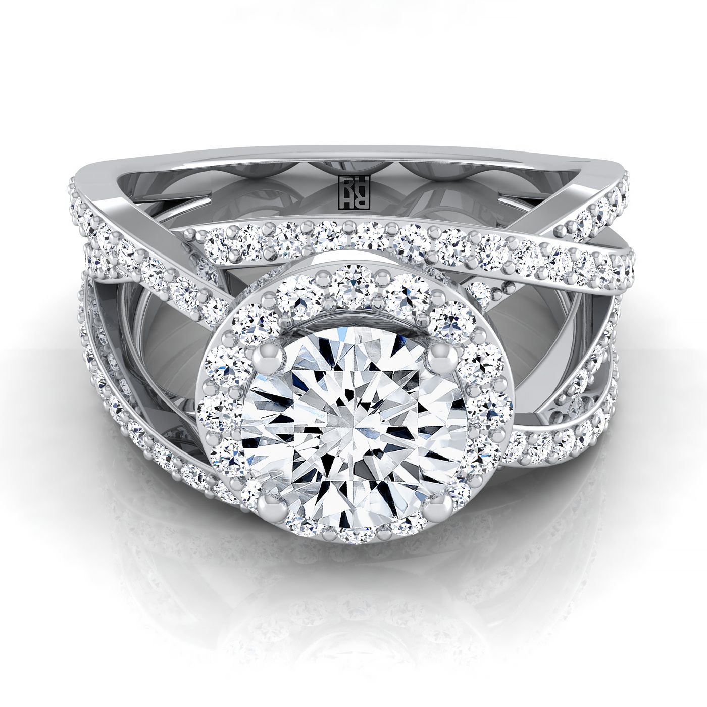 Platinum Round Brilliant Unique Open Intertwined Diamond Pave Row Engagement Ring -1ctw