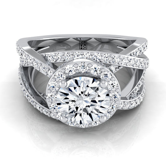 14K White Gold Round Brilliant Unique Open Intertwined Diamond Pave Row Engagement Ring -1ctw