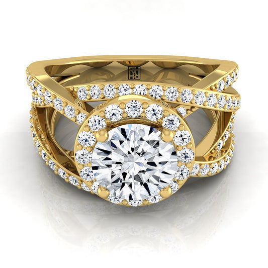 18K Yellow Gold Round Brilliant Unique Open Intertwined Diamond Pave Row Engagement Ring -1ctw