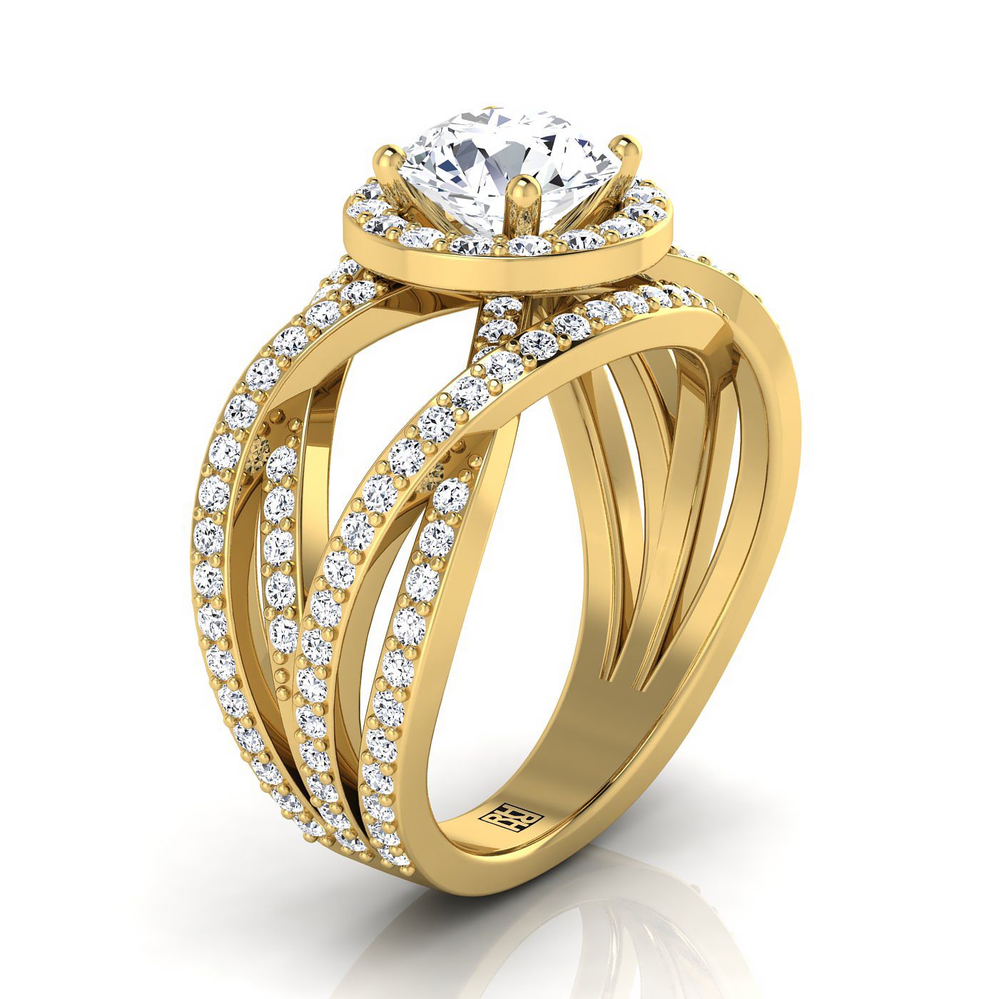 18K Yellow Gold Round Brilliant Unique Open Intertwined Diamond Pave Row Engagement Ring -1ctw