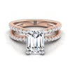 14K Rose Gold Emerald Cut Diamond Two Row Pavé Split Shank Engagement Ring -1/3ctw