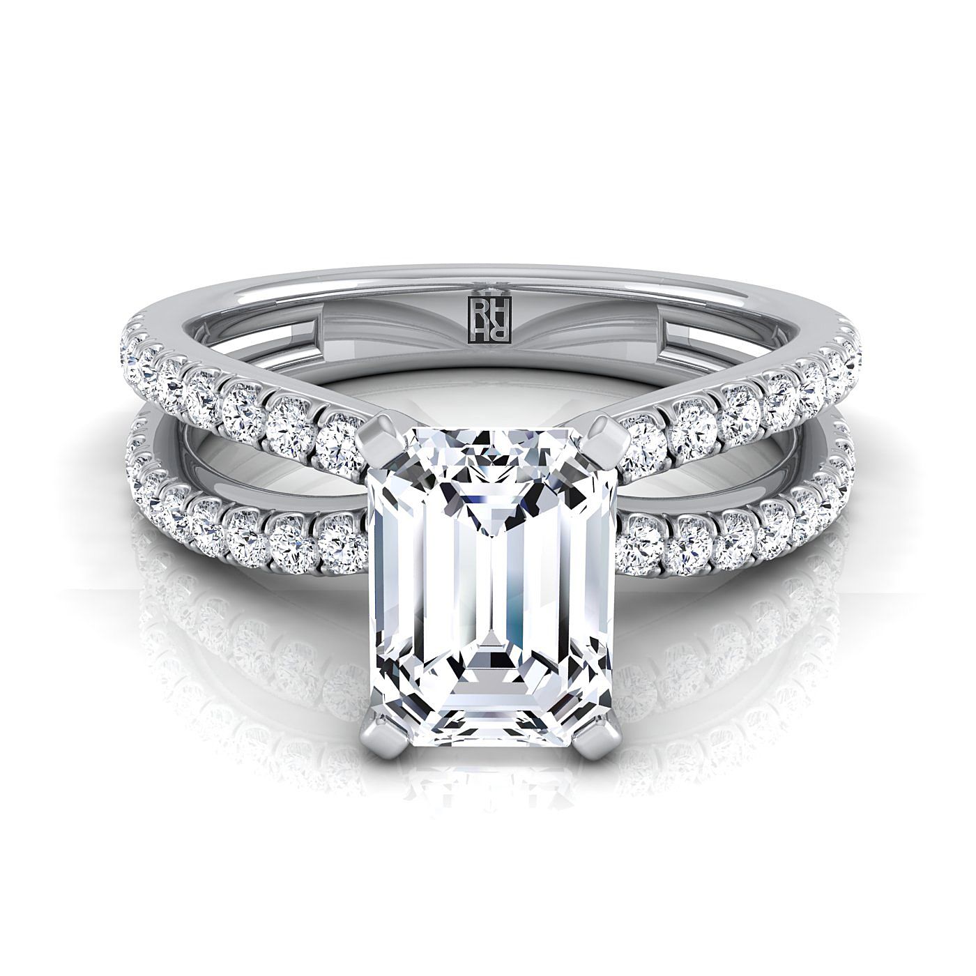 Platinum Emerald Cut Diamond Two Row Pavé Split Shank Engagement Ring -1/3ctw