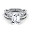 14K White Gold Emerald Cut Diamond Two Row Pavé Split Shank Engagement Ring -1/3ctw