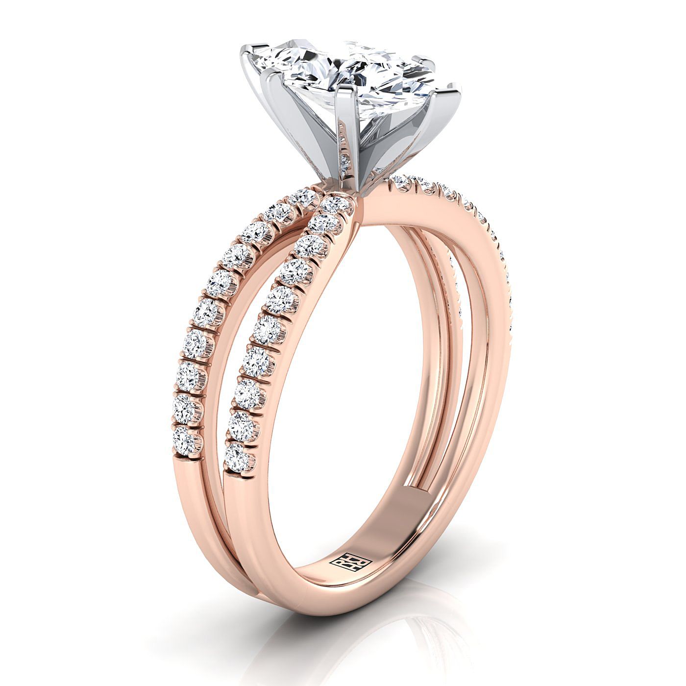 แหวนหมั้นเพชร Marquise 14K Rose Gold สองแถว Pavé แบบแยกส่วน -1/3ctw