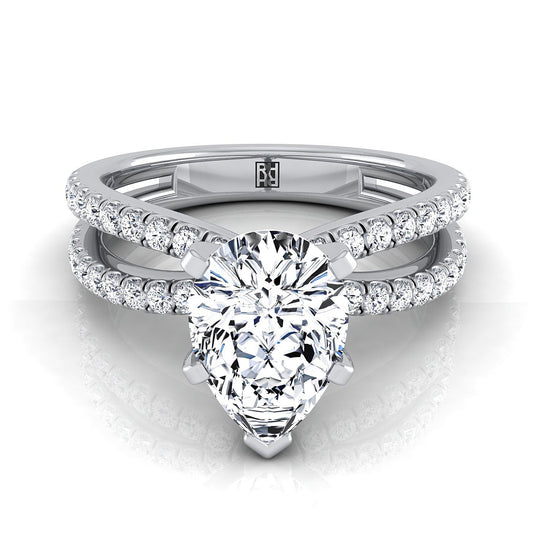 Platinum Pear Shape Center Diamond Two Row Pavé Split Shank Engagement Ring -1/3ctw