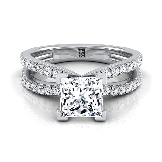 แหวนหมั้นเพชรทรง Princess Cut ทองคำขาว 14K เพชรสองแถว Pavé Split Shank -1/3ctw