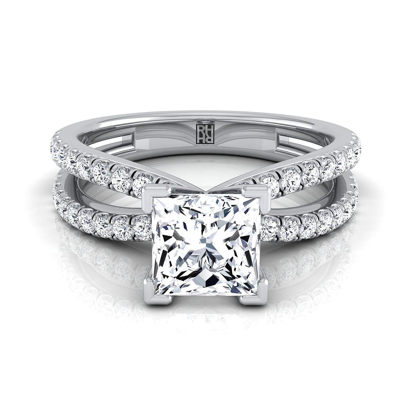 แหวนหมั้นเพชรแพลทินัม Princess Cut 2 แถว Pavé Split Shank -1/3ctw