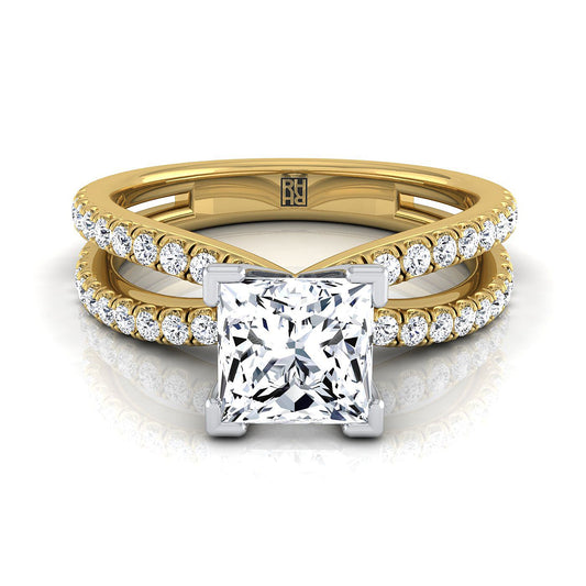 14K Yellow Gold Princess Cut Diamond Two Row Pavé Split Shank Engagement Ring -1/3ctw