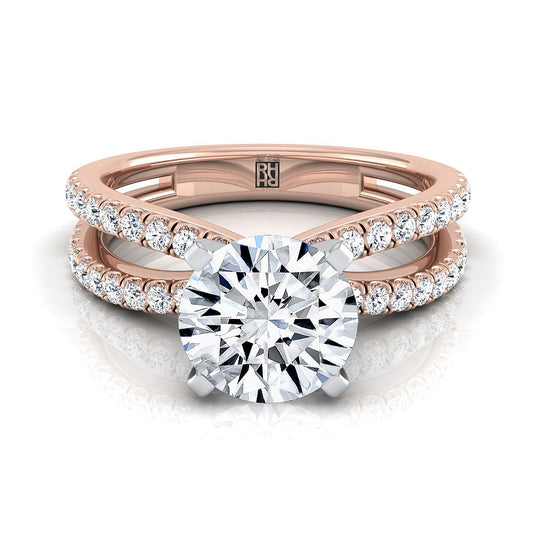 14K Rose Gold Round Brilliant Diamond Two Row Pavé Split Shank Engagement Ring -1/3ctw