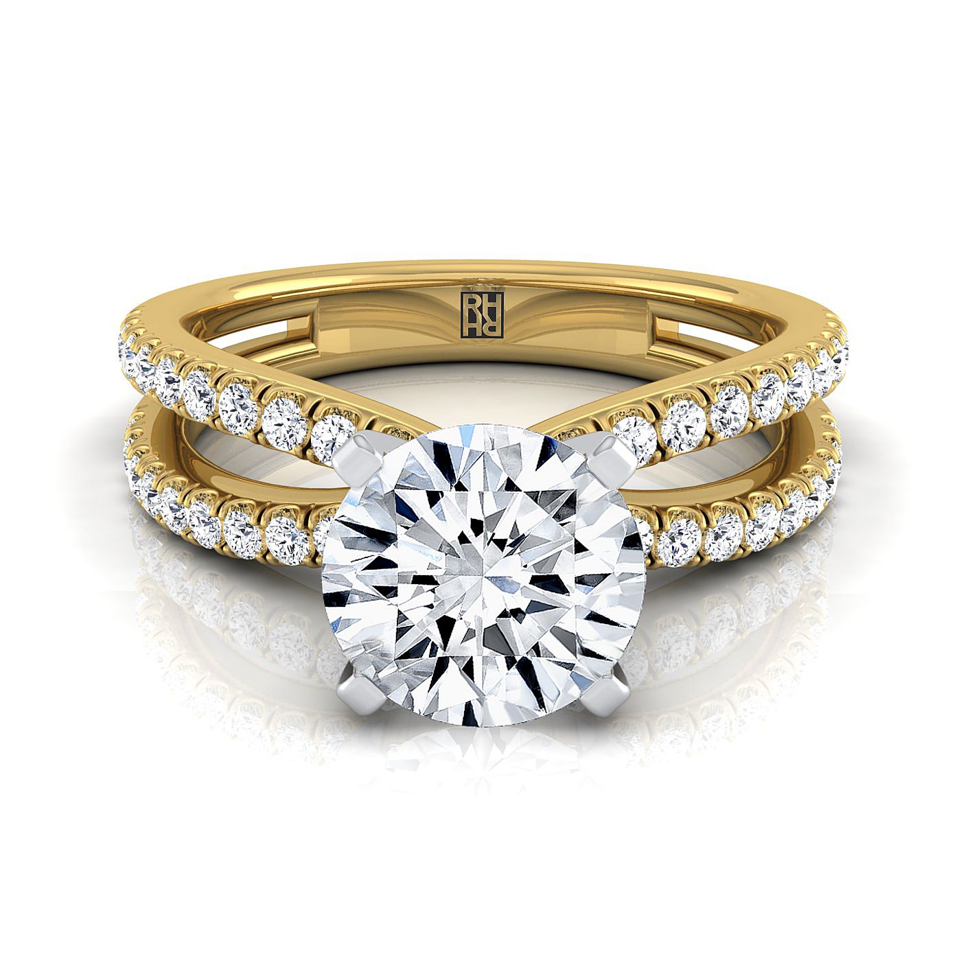 14K Yellow Gold Round Brilliant Diamond Two Row Pavé Split Shank Engagement Ring -1/3ctw