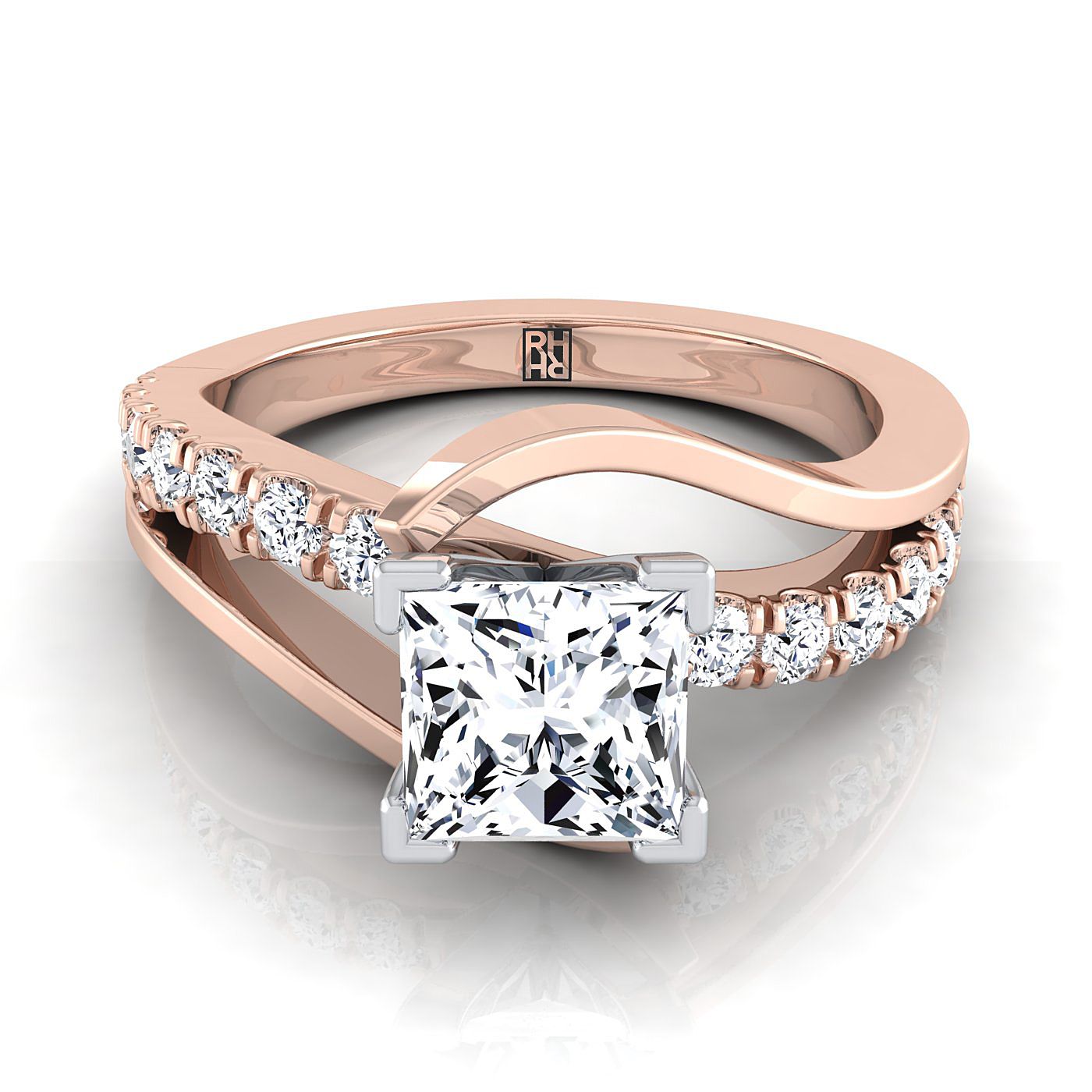 แหวนหมั้นเพชร 14K Rose Gold Princess Cut Unique Bypass -3/8ctw