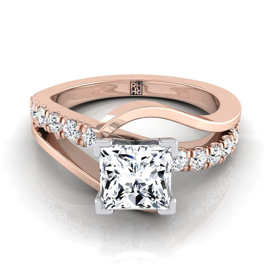 แหวนหมั้นเพชร 14K Rose Gold Princess Cut Unique Bypass -3/8ctw