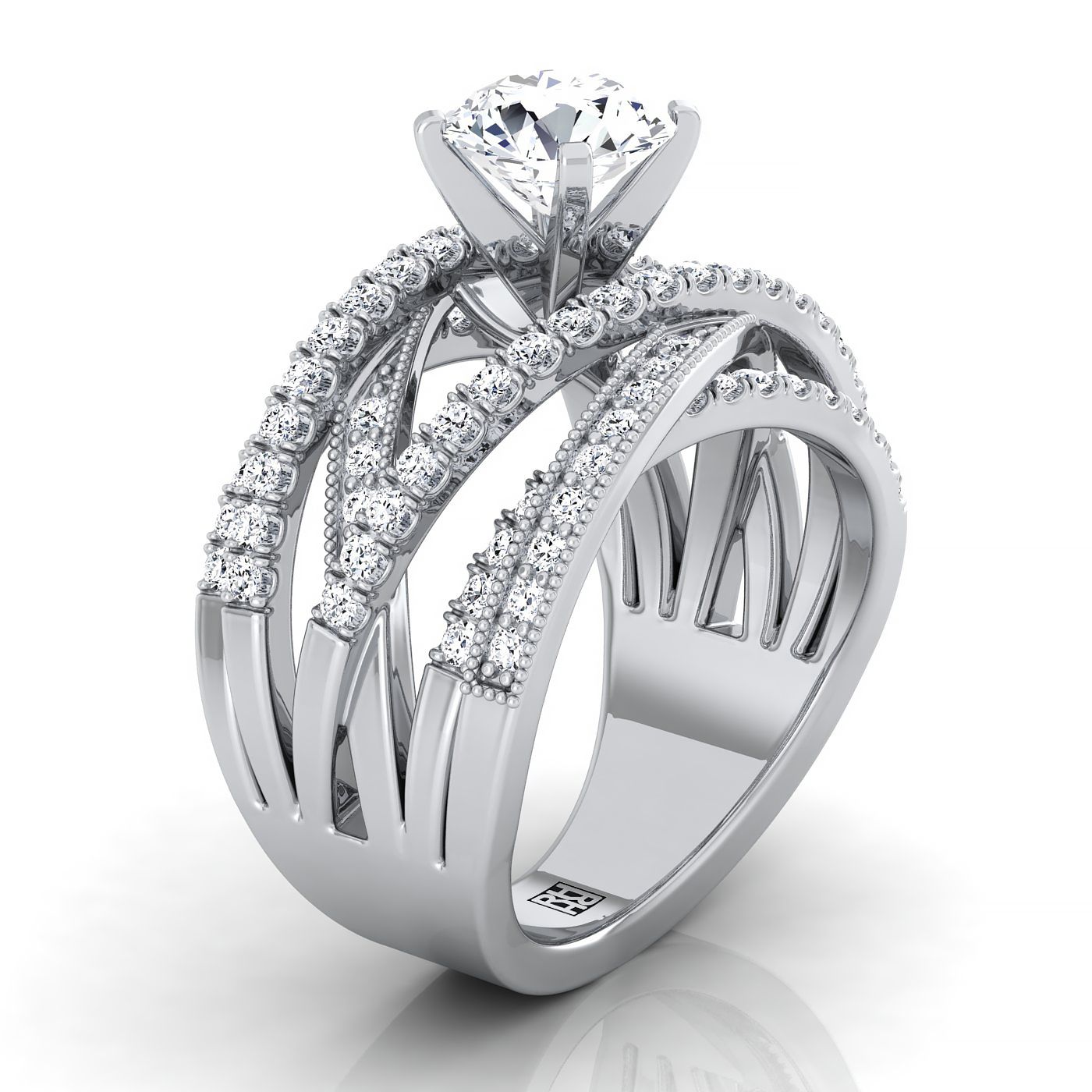 Platinum Round Brilliant Customized Multi Diamond Row Diamond Engagement Ring -7/8ctw