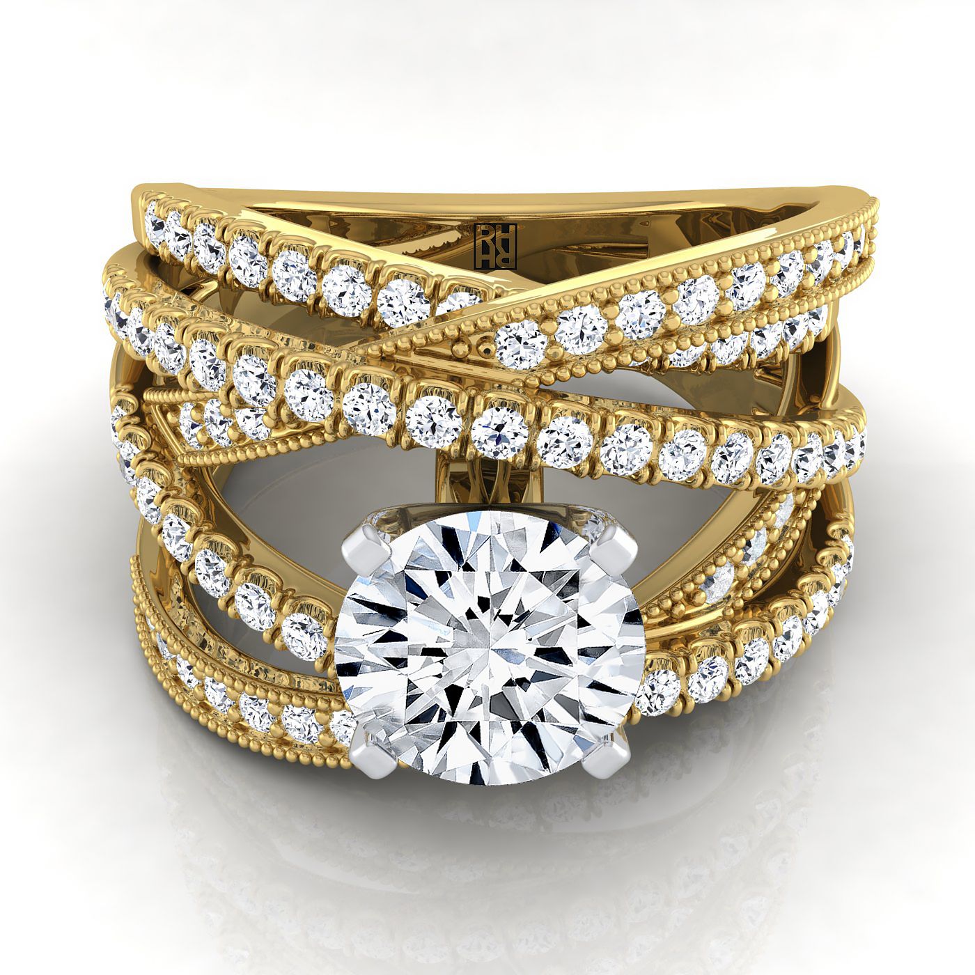 18K Yellow Gold Round Brilliant Customized Multi Diamond Row Diamond Engagement Ring -7/8ctw