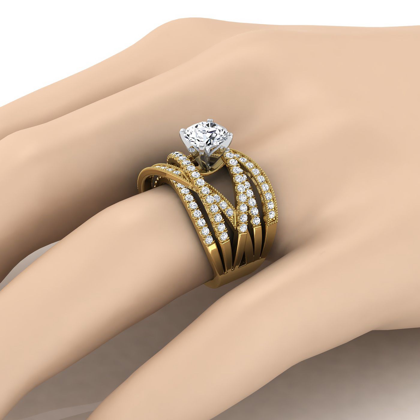 14K Yellow Gold Round Brilliant Customized Multi Diamond Row Diamond Engagement Ring -7/8ctw