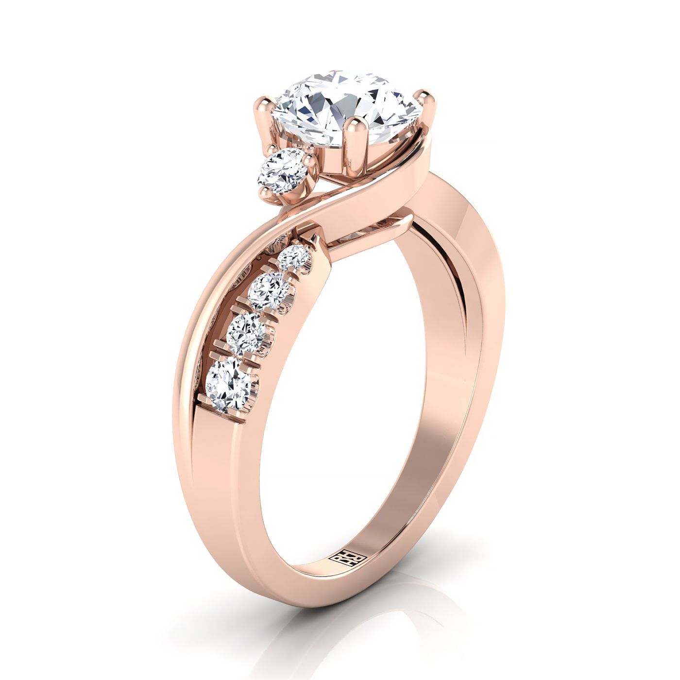 14K Rose Gold Round Brilliant Diamond Inspired Twist บนแหวนหมั้นหินสามคลาสสิก -3/8ctw