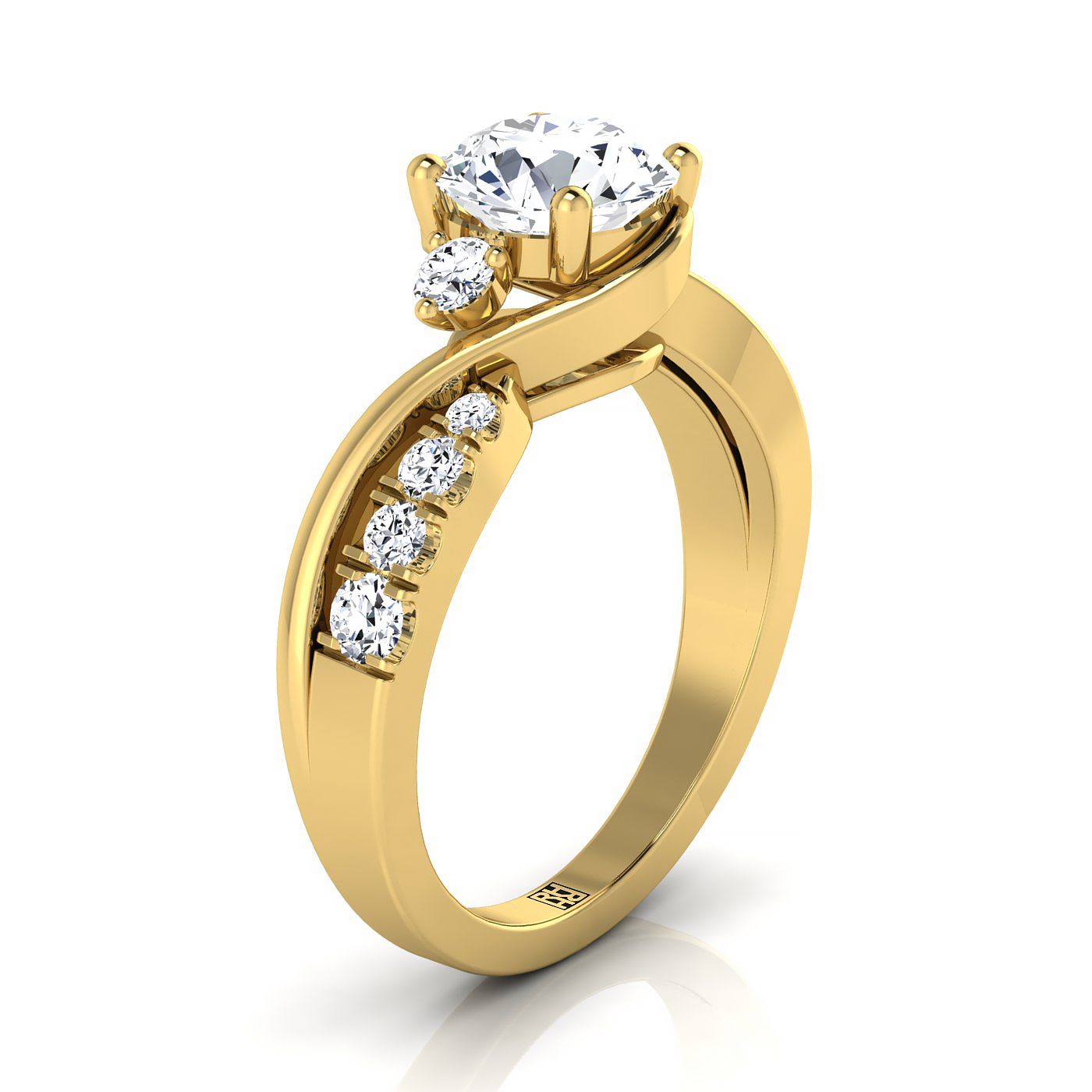 18K Yellow Gold Round Brilliant Diamond Inspired Twist บนแหวนหมั้นหินสามคลาสสิก -3/8ctw