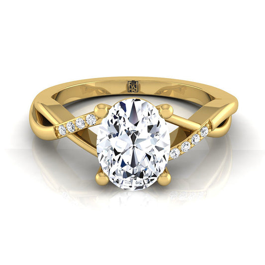 14K Yellow Gold Oval Diamond Criss Cross Twist Engagement Ring