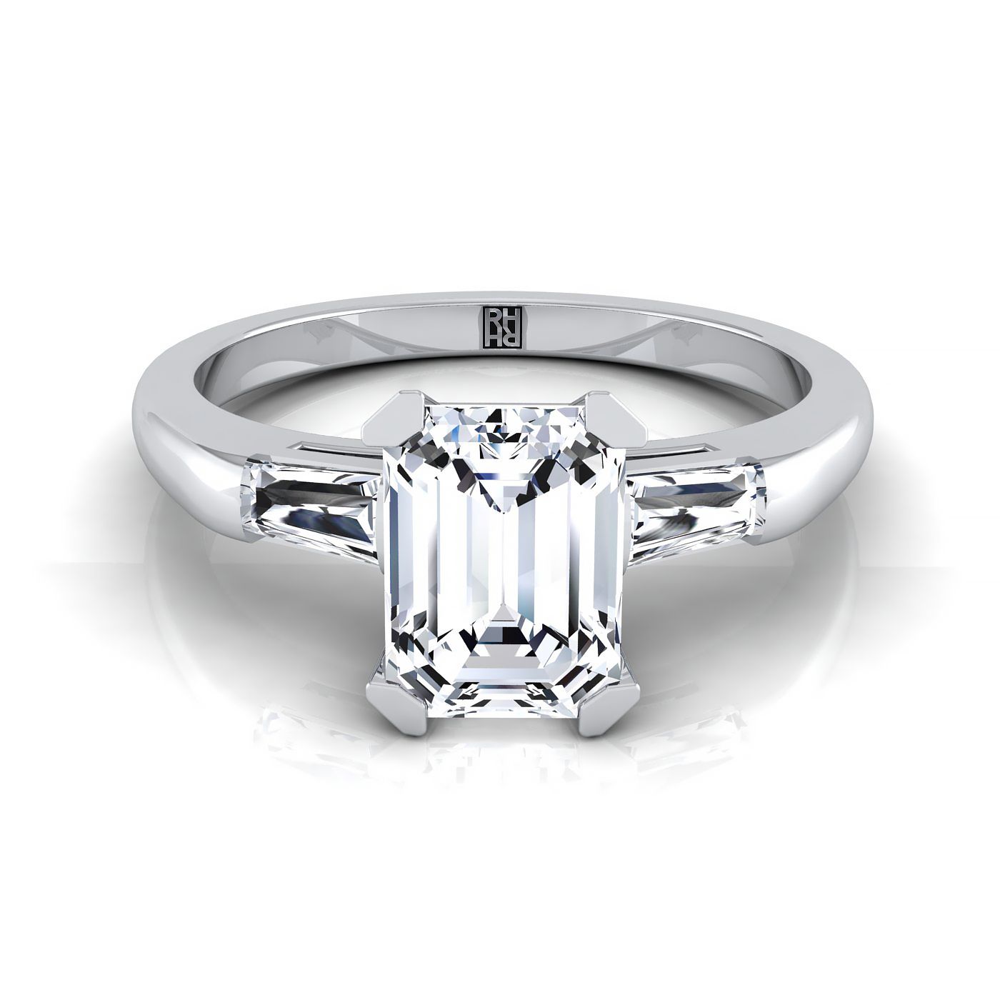 18K White Gold Emerald Cut Diamond Three Stone Tapered Baguette Engagement Ring -1/5ctw
