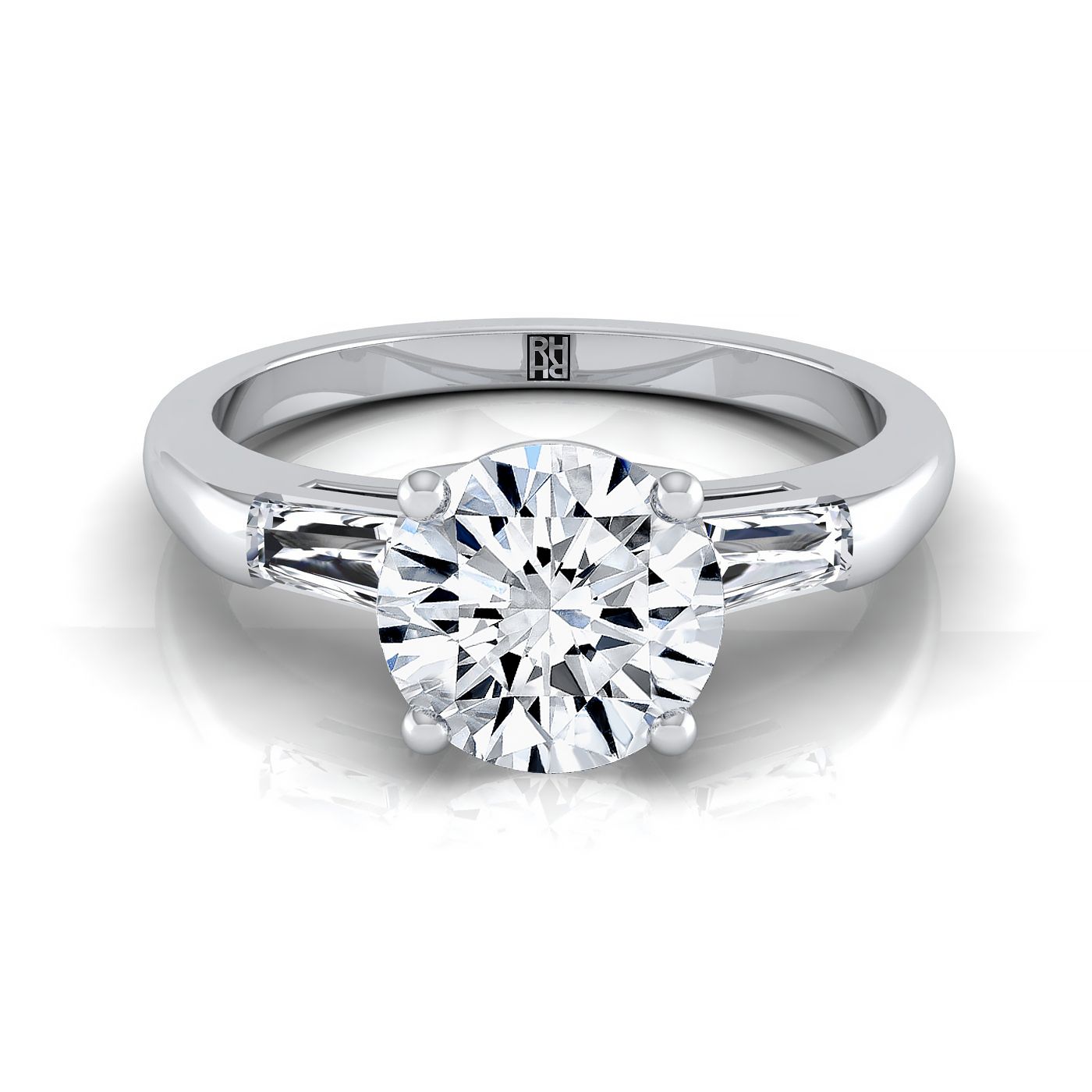 Platinum Round Brilliant Diamond Three Stone Tapered Baguette Engagement Ring -1/5ctw