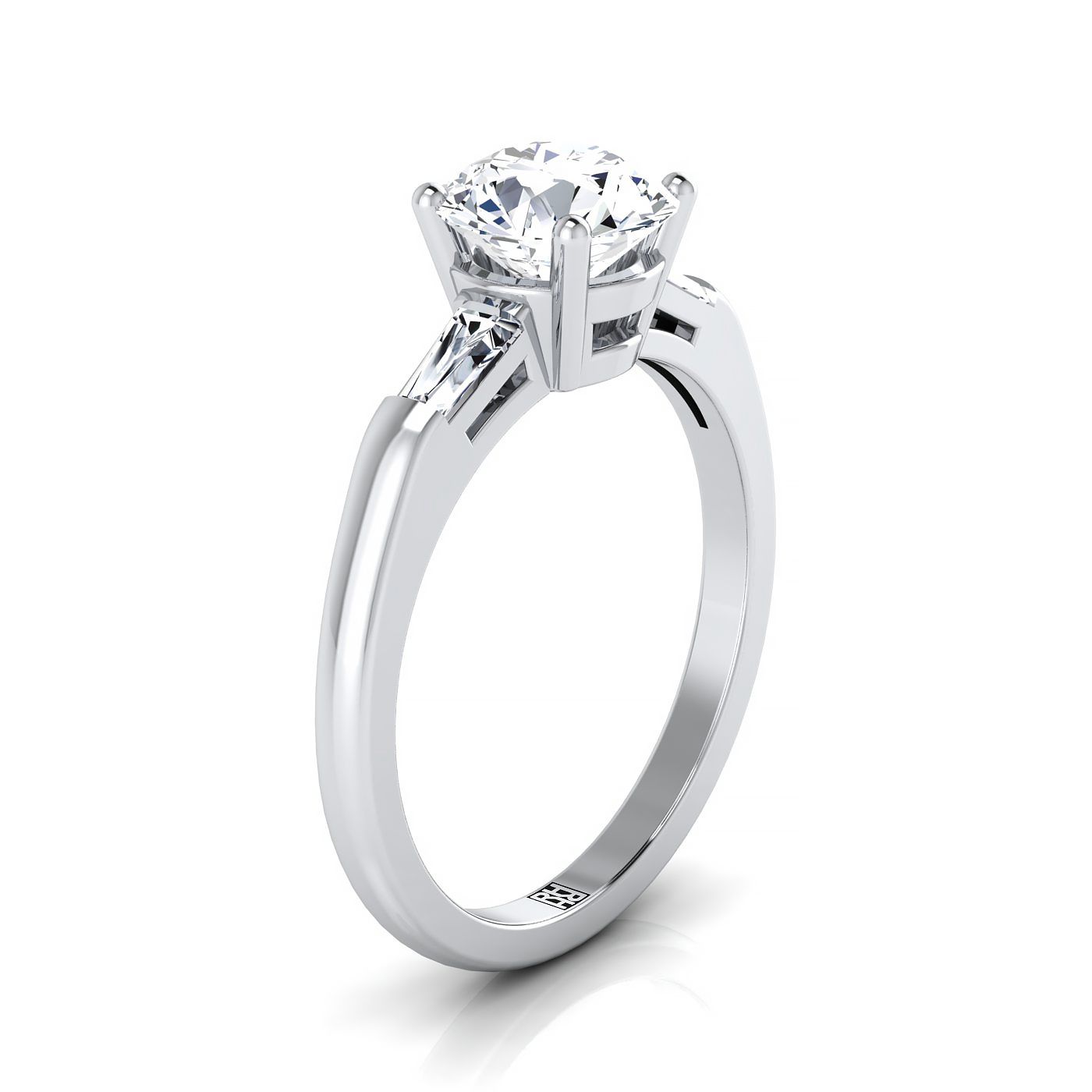 Platinum Round Brilliant Diamond Three Stone Tapered Baguette Engagement Ring -1/5ctw