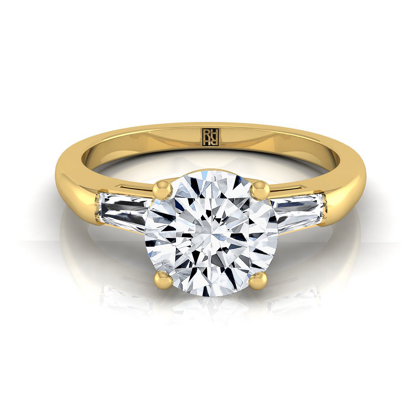 14K Yellow Gold Round Brilliant Diamond Three Stone Tapered Baguette Engagement Ring -1/5ctw